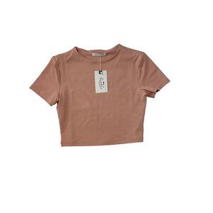 NWT Reoria Womens Cropped Short Sleeve Top S Blush Pink Stretch Casual Wear 1769
